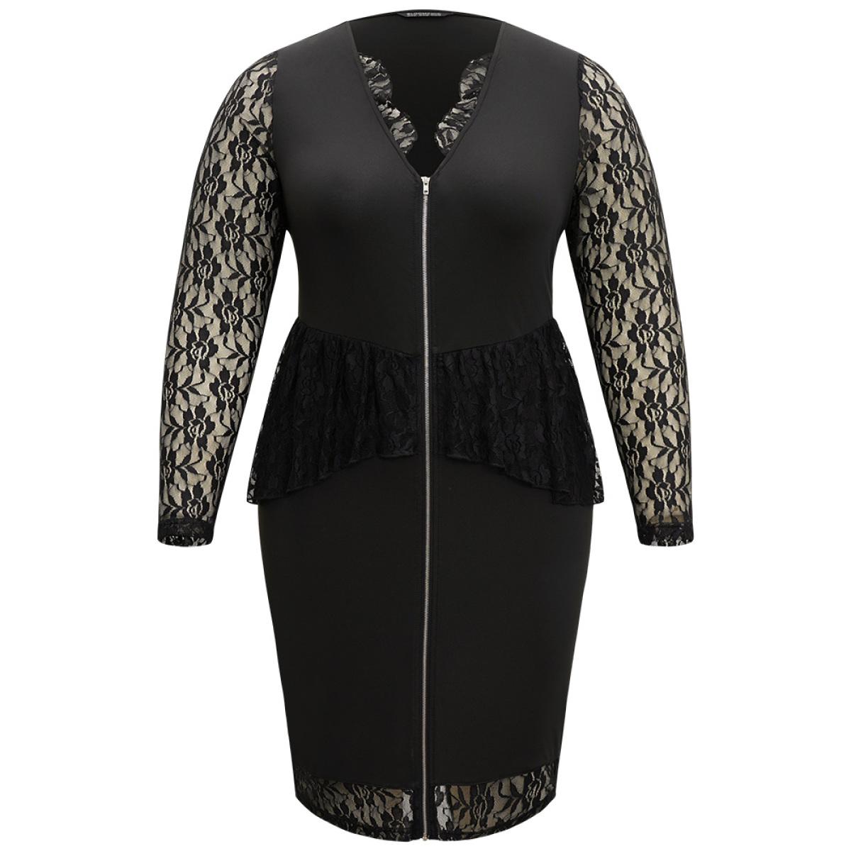 Plus Size Halloween Guipure Lace Zipper Fly Layered Dress Black Women Elegant See through V-neck Long Sleeve Curvy Knee Dress BloomChic 14-16/1X Product Image