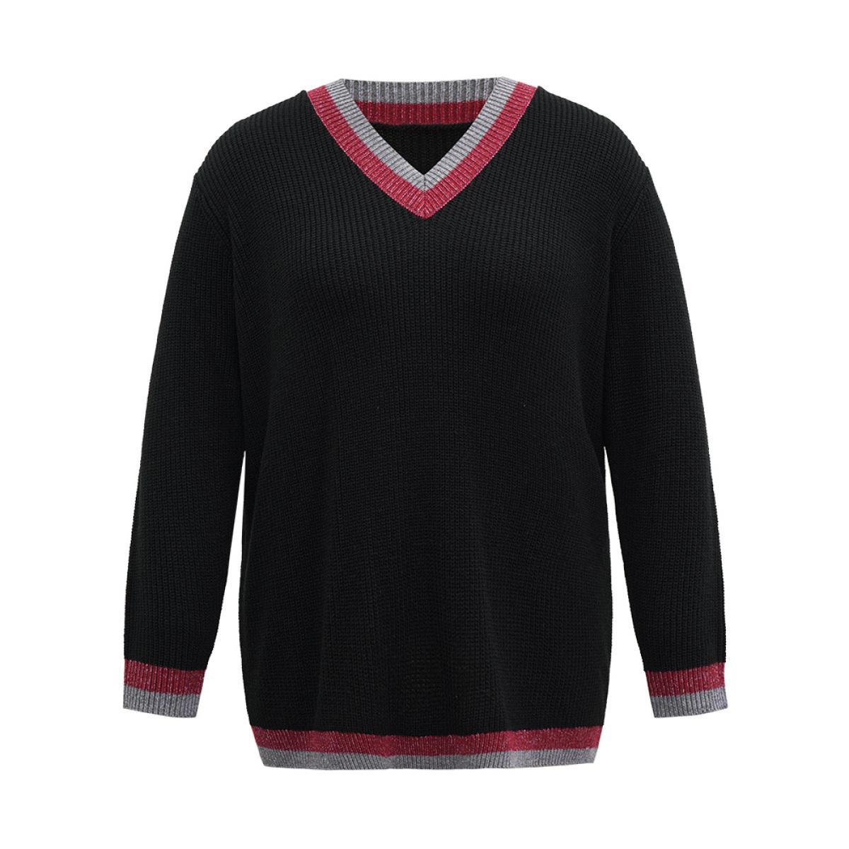 Plus Size Two Tone Trim V Neck Plisse Pullover Black Women Casual Loose Long Sleeve V-neck Dailywear Pullovers BloomChic 14-16/1X Product Image