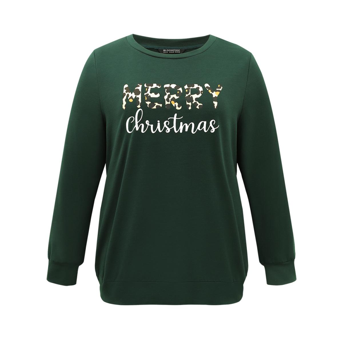 Plus Size Christmas Letter Leopard Round Neck Sweatshirt Women DarkGreen Casual Printed Festival-Christmas Sweatshirts BloomChic 14-16/1X Product Image