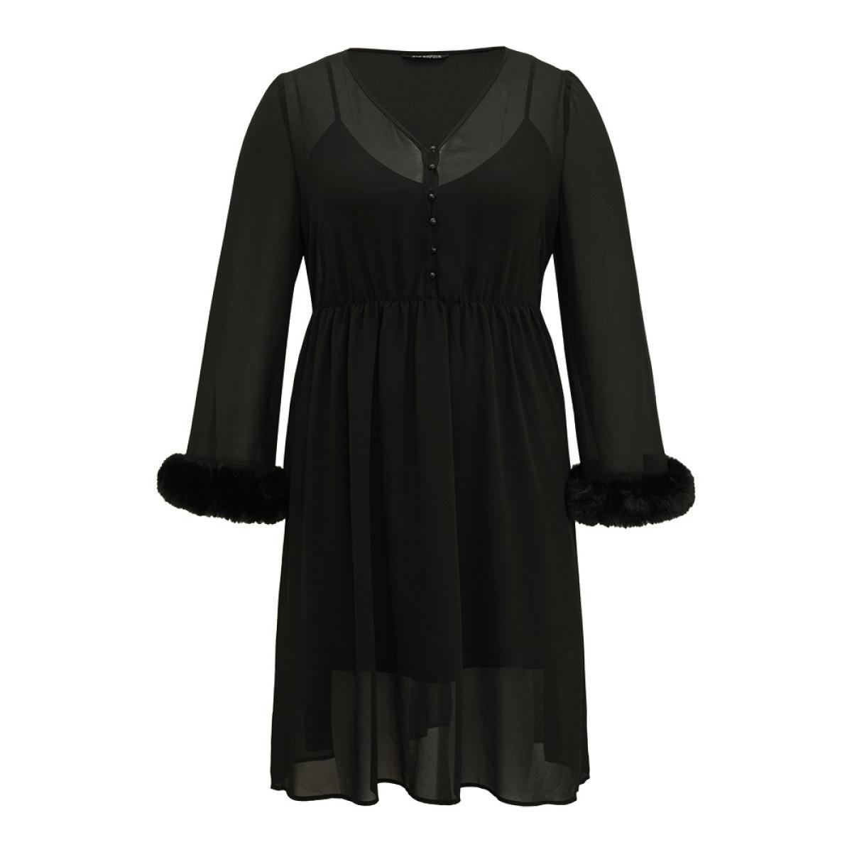 Plus Size Halloween Patchwork Chiffon Mesh Button Up Fuzzy Trim Dress Black Women Elegant Plain V-neck Long Sleeve Curvy Midi Dress BloomChic 18-20/2X Product Image