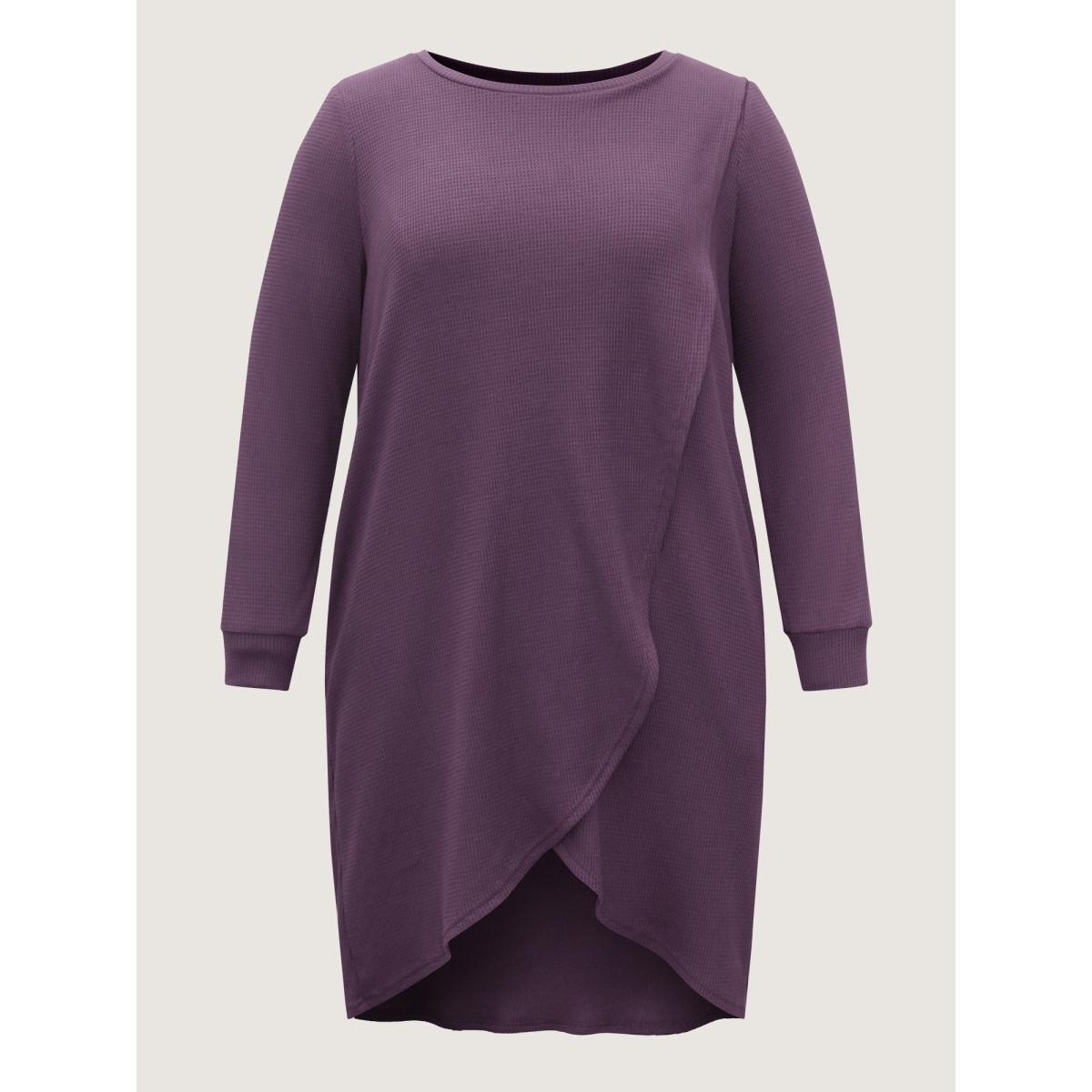 Plus Size Solid Waffle Knit Overlap Hem T-shirt Eggplant Women Leisure Overlapping Round Neck Casual T-shirts BloomChic 22-24/3X Product Image