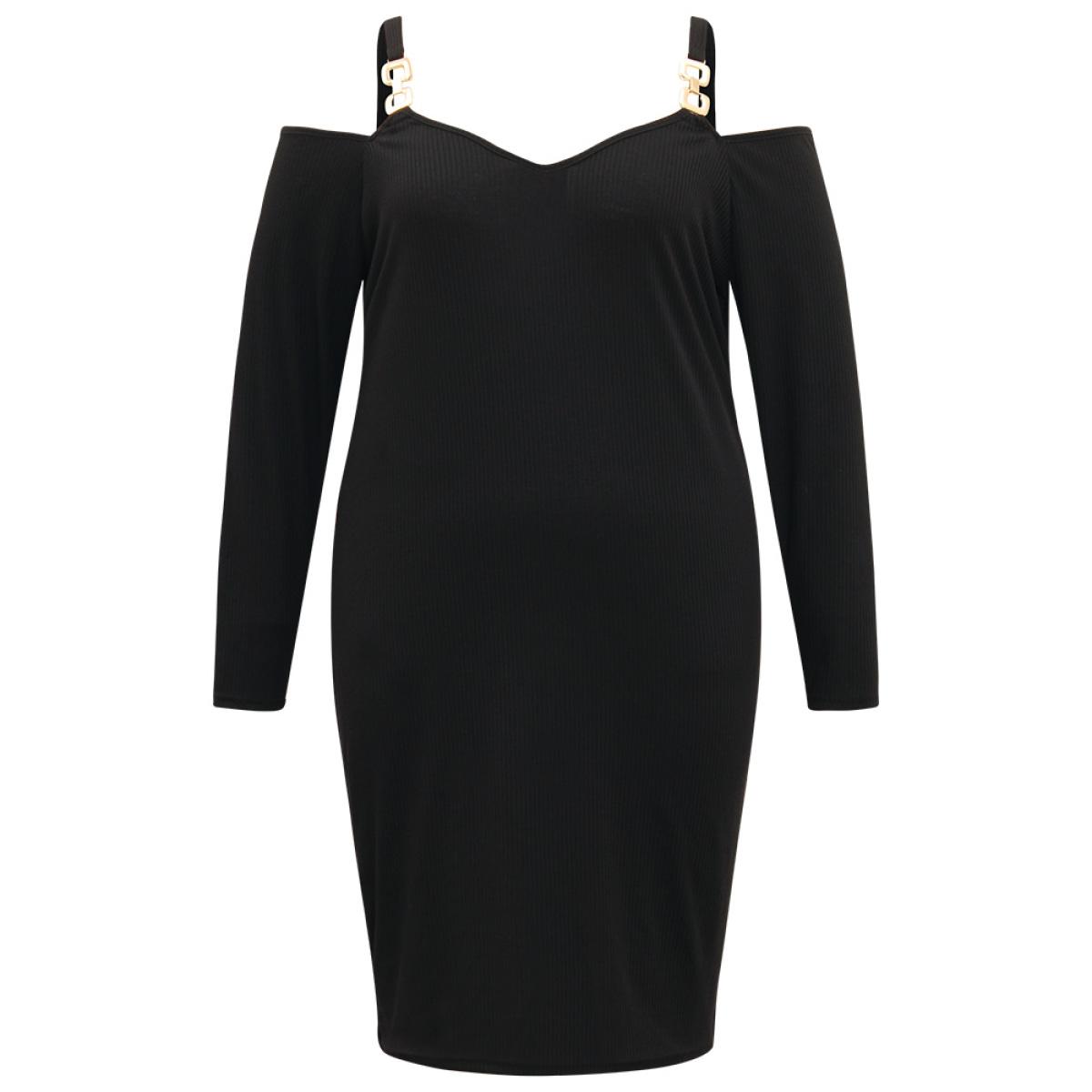 Plus Size Plain Rib Knit Metal Detail Cami Dress Black Women Casual Texture Spaghetti Strap Long Sleeve Curvy Knee Dress BloomChic 12/L Product Image