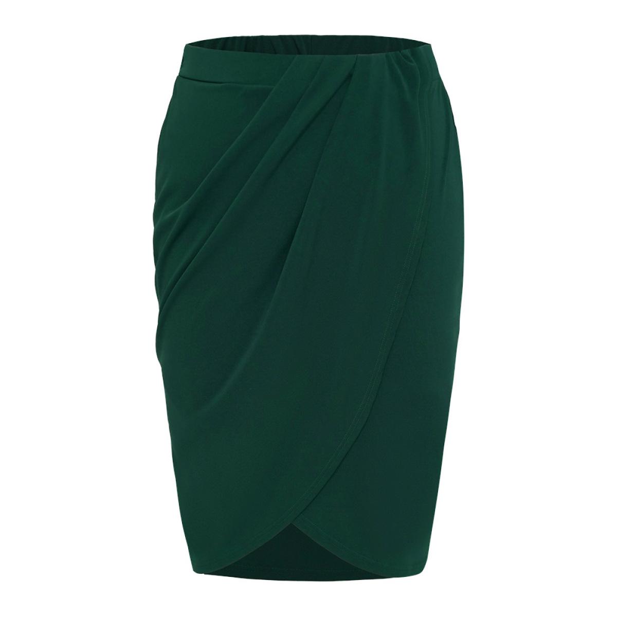 Plus Size Solid Pleated Detail Wrap Hem Skirt Women DarkGreen Office Plain Bodycon No stretch Work Skirts BloomChic 22-24/3X Product Image