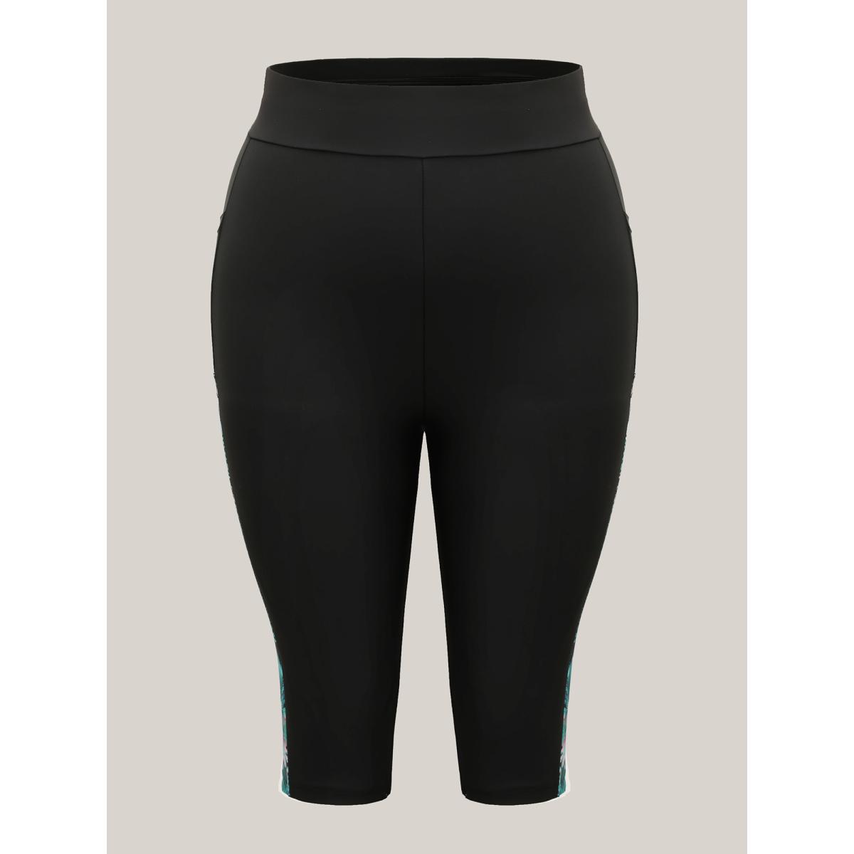 Plus Size Tropical Print High Waisted Tight Swim Bottoms Women's Swimwear Black Beach Patchwork High stretch Skinny High Rise Patch pocket Curve Swim Bottoms BloomChic 18-20/2X Product Image