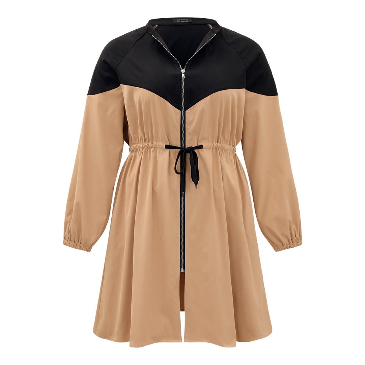 Plus Size Two Tone Drawstring Stand Collar Trench Coat Women LightBrown Dailywear Elastic cuffs Plain 28/5X Pocket Casual Trench Coats BloomChic Product Image