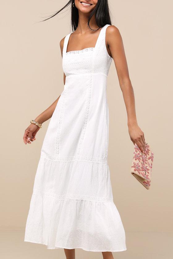 Esmeray White Lace Sleeveless Tiered Midi Dress Product Image