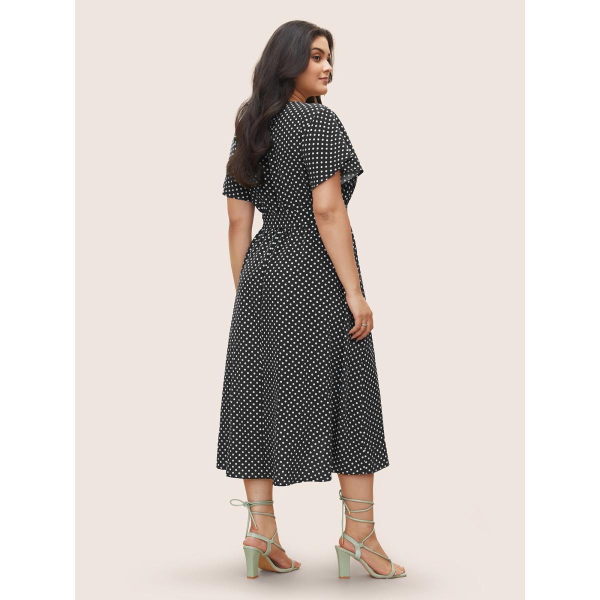 Plus Size Polka Dot Flutter Trim Belted Overlap Collar Dress Black Women Elegant Non Overlap Collar Short sleeve Curvy Midi Dress BloomChic 30/6X Product Image