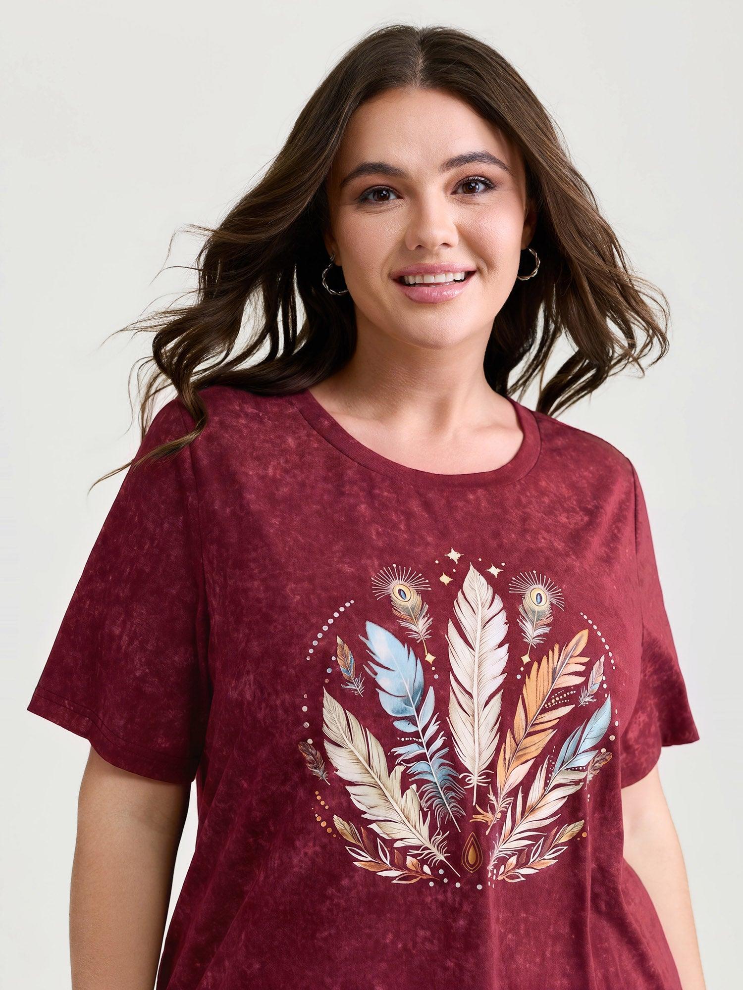 Supersoft Stretchy Feather Print Snowflake Effect T-Shirt Female Product Image