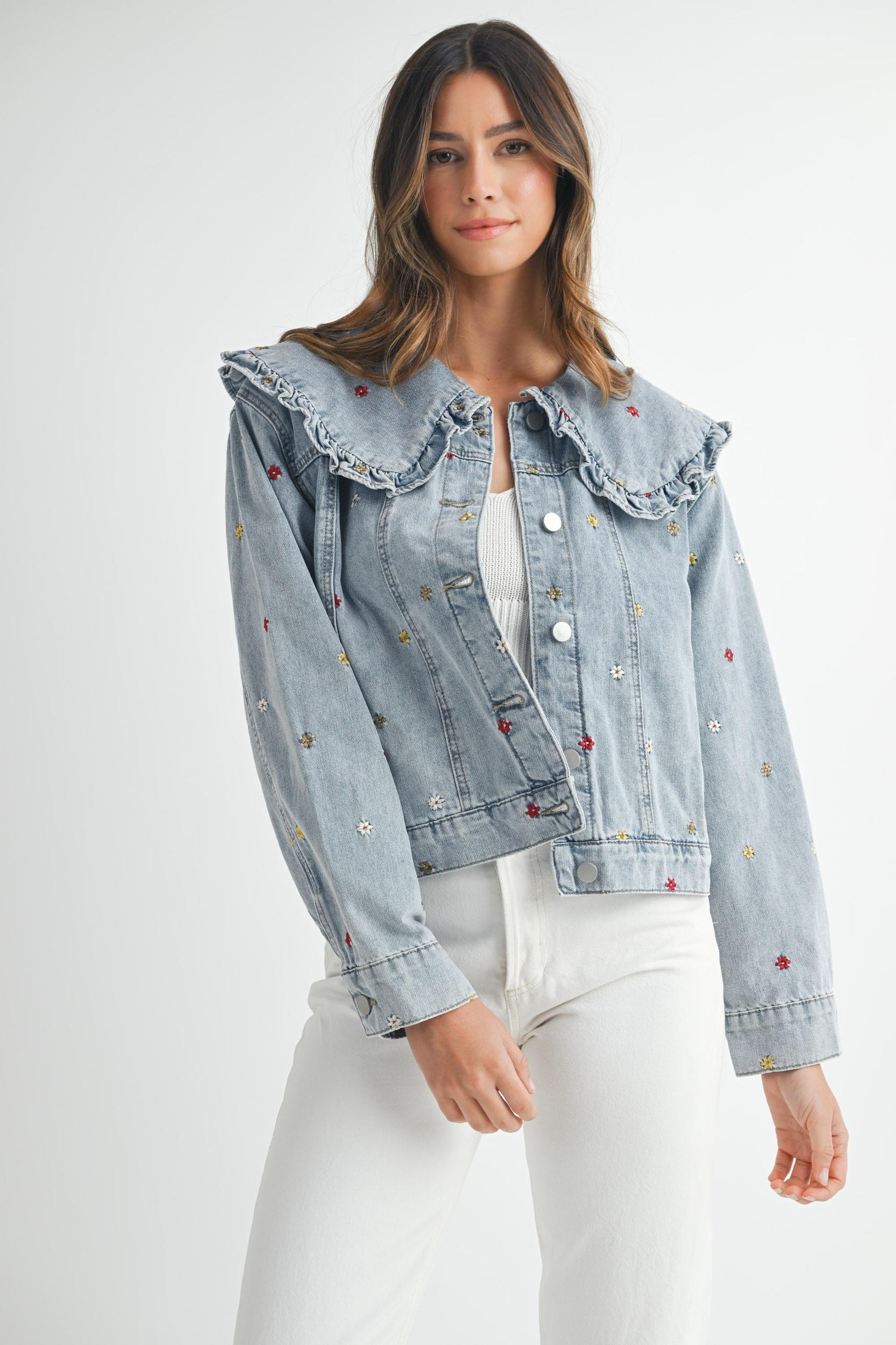 Peter Pan Collar Embroidered Denim Jacket Product Image