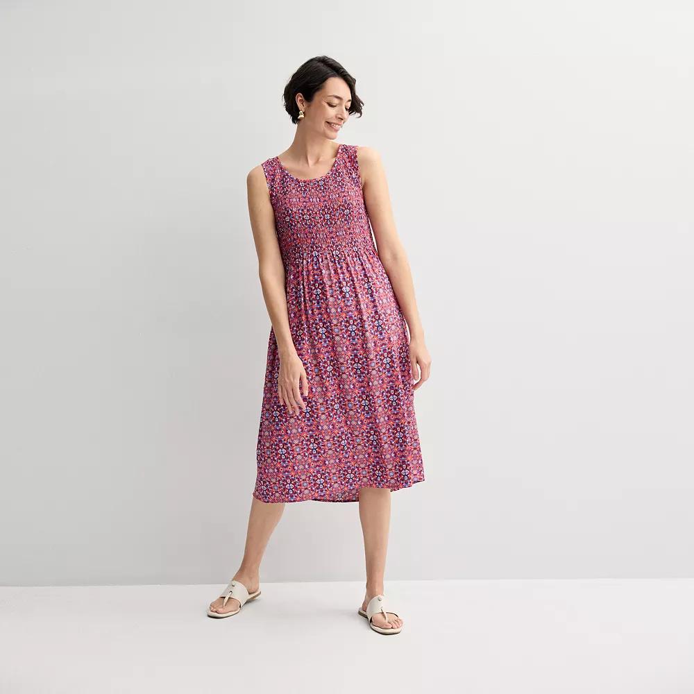 Women's Croft & Barrow® Smocked Midi Dress, Size: Medium, Red Blue Ornate Tile Product Image