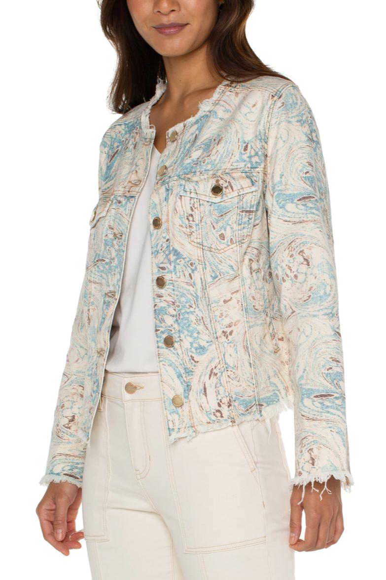 Printed Crop Jacket w/ Fray Hem- Ocean Blue Ecru Marble Product Image