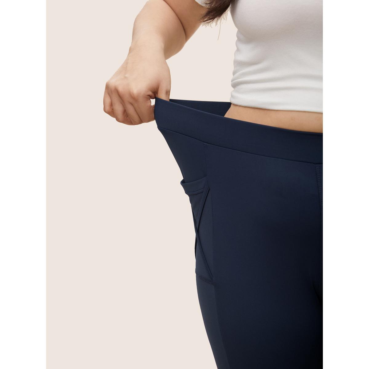 Plus Size Plain Elastic Waist Crisscross Pocket Leggings Women Midnight Casual High stretch Skinny High Rise Everyday Leggings BloomChic 12/L Product Image