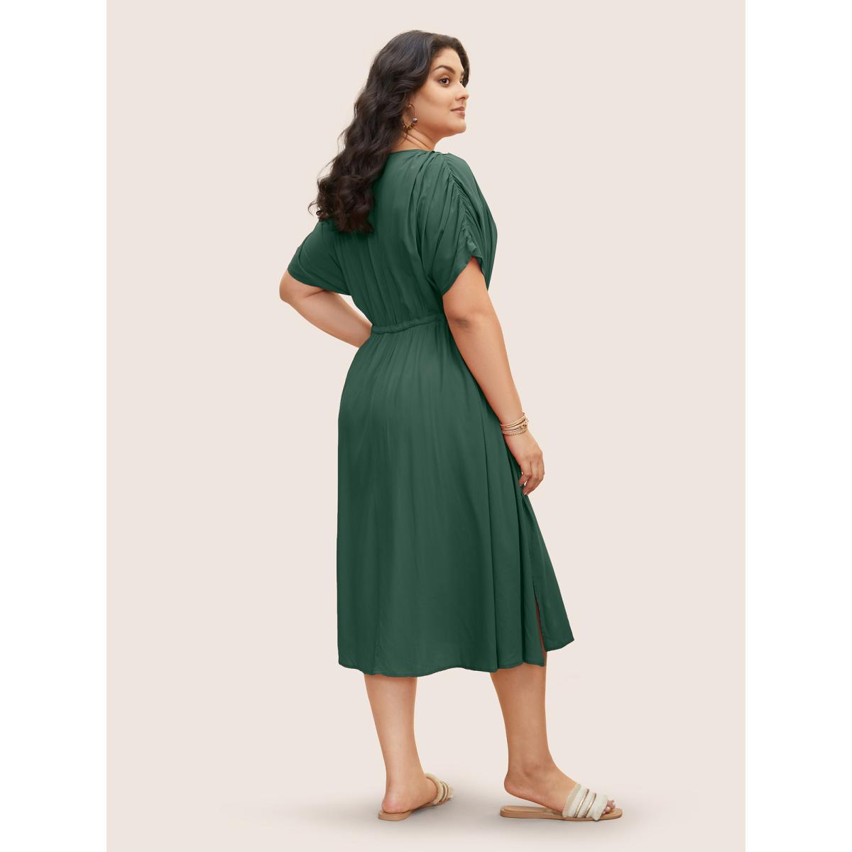 Plus Size Solid Drawstring Gathered Dolman Sleeve Dress DarkGreen Women Resort Gathered V-neck Half Sleeve Curvy BloomChic 14-16/1X Product Image