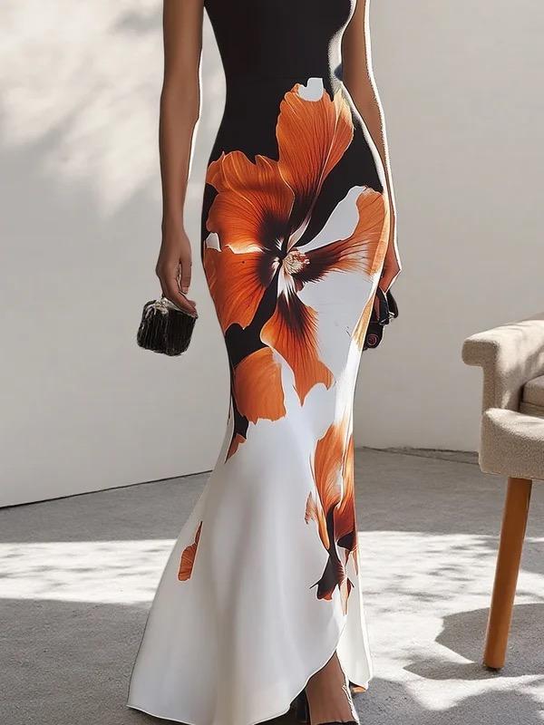 Skinny Sleeveless Flower Print Round-Neck Maxi Dresses Product Image