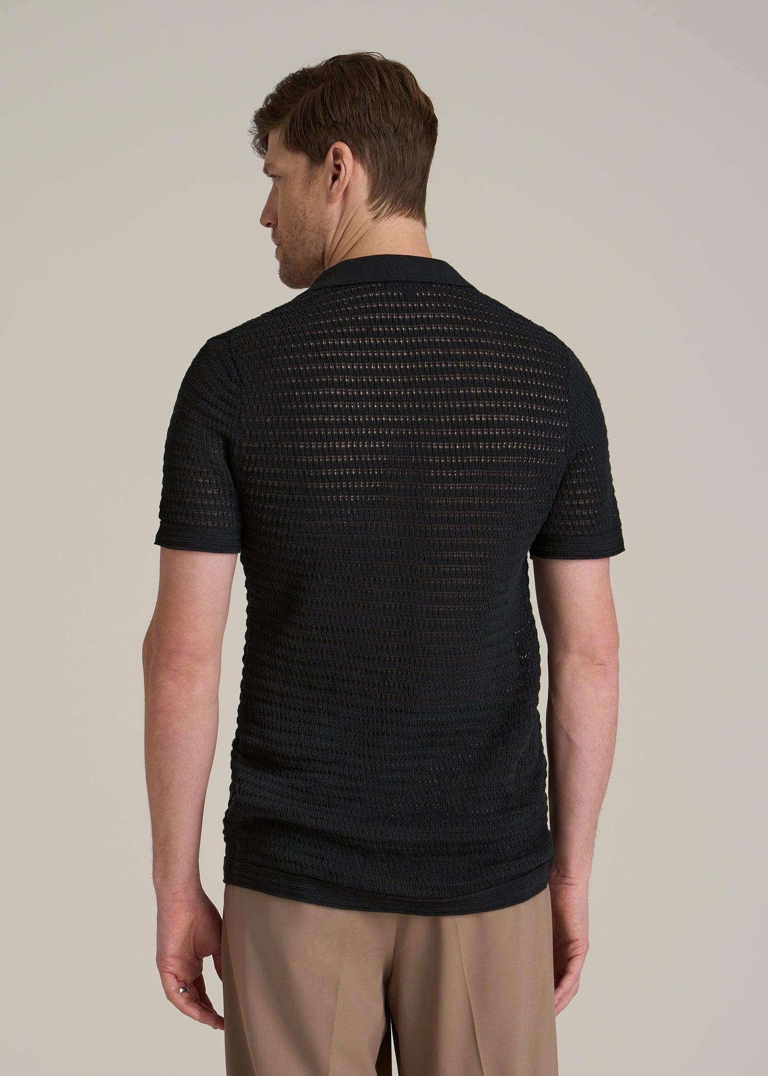 Short Sleeve Crochet Polo Cardigan for Tall Men in Black Male Product Image