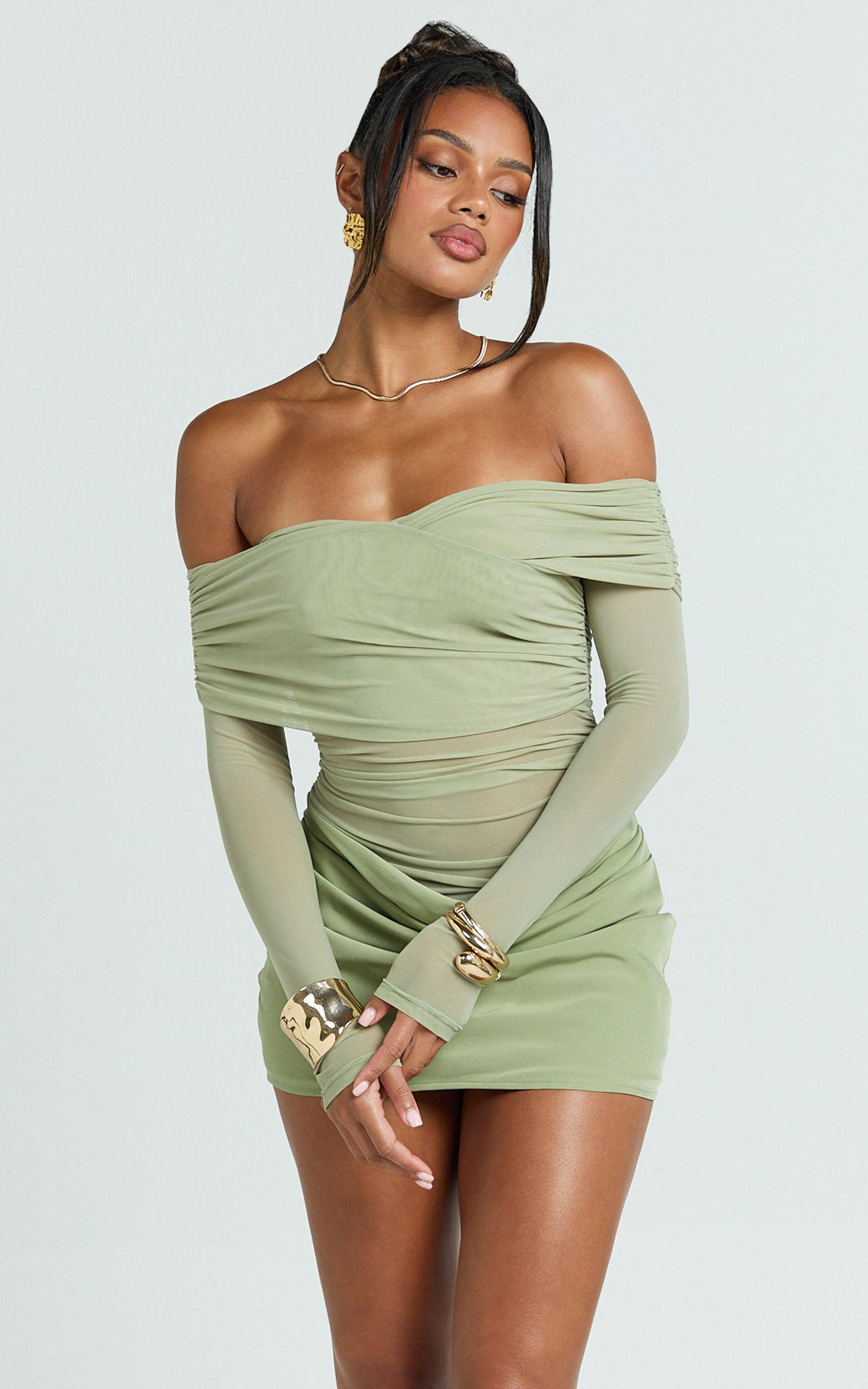 Jade Mini Dress - Long Sleeve Off Shoulder Draped Bias Cut Dress in Sage Product Image