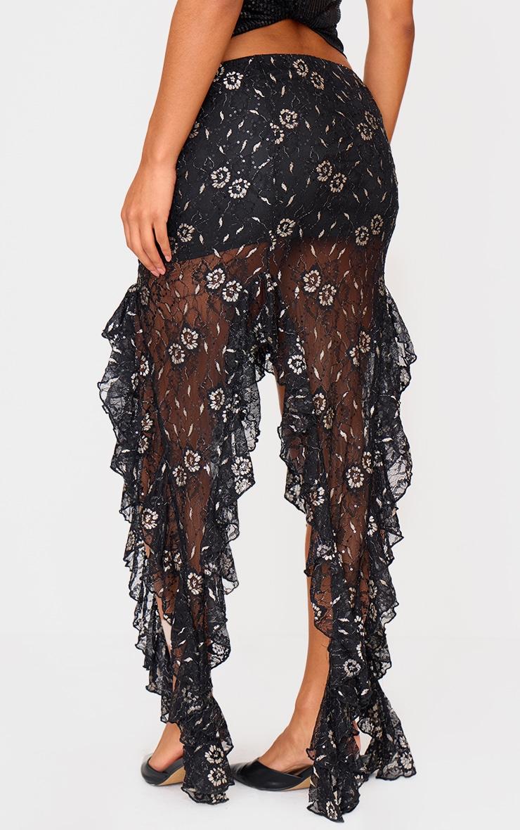 Black Sequin Lace Drape Detail Maxi Skirt Product Image