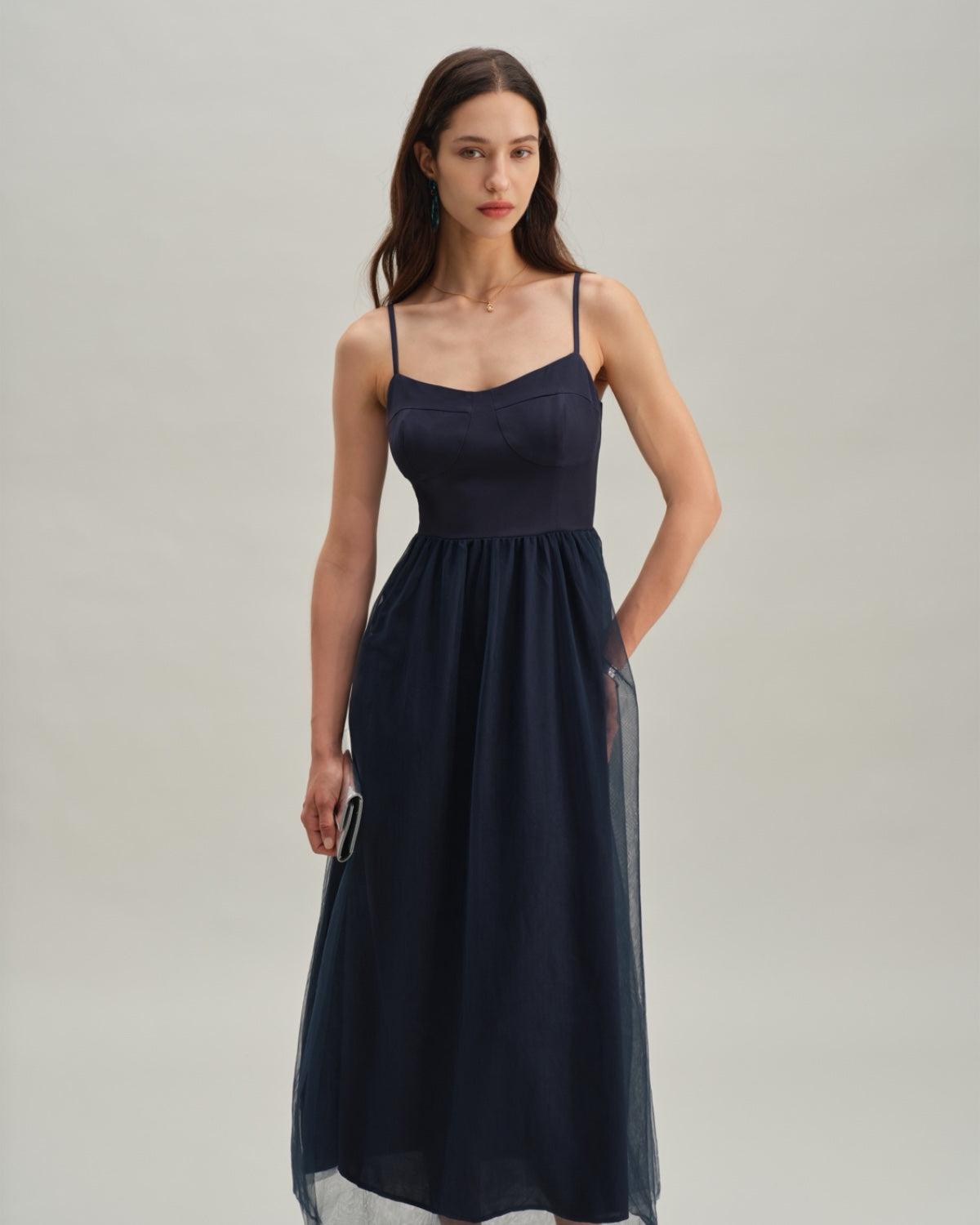 Blue Shirred Flowy Slip Maxi Dress Product Image