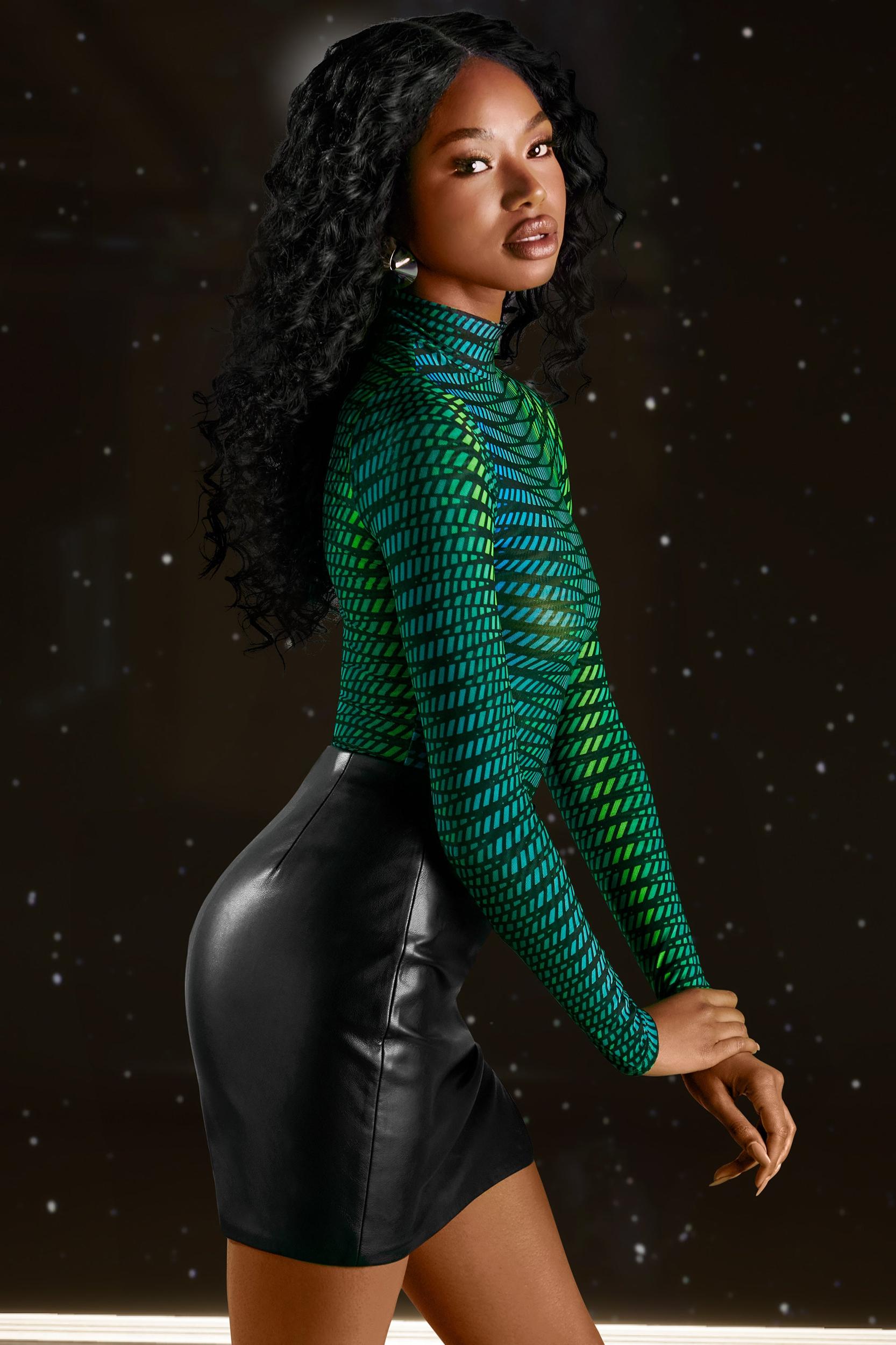 High Neck Mesh Bodysuit in Striped Print Product Image