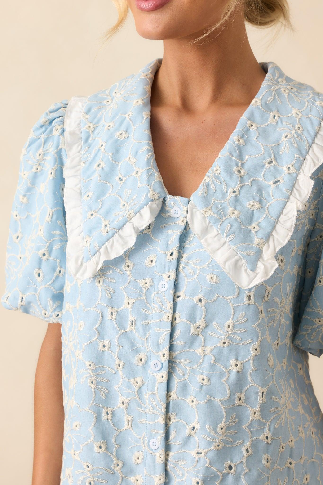 Kind Of Everything Light Blue Cotton Embroidered Eyelet Mini Dress Product Image