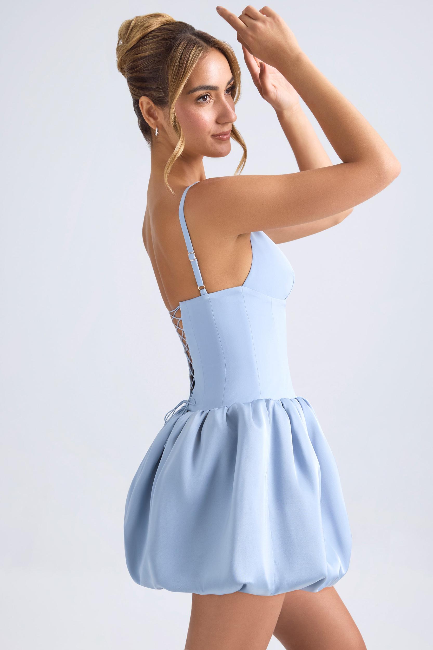 Lace-Up Bubble Hem Corset Micro Mini Dress in Light Blue Product Image