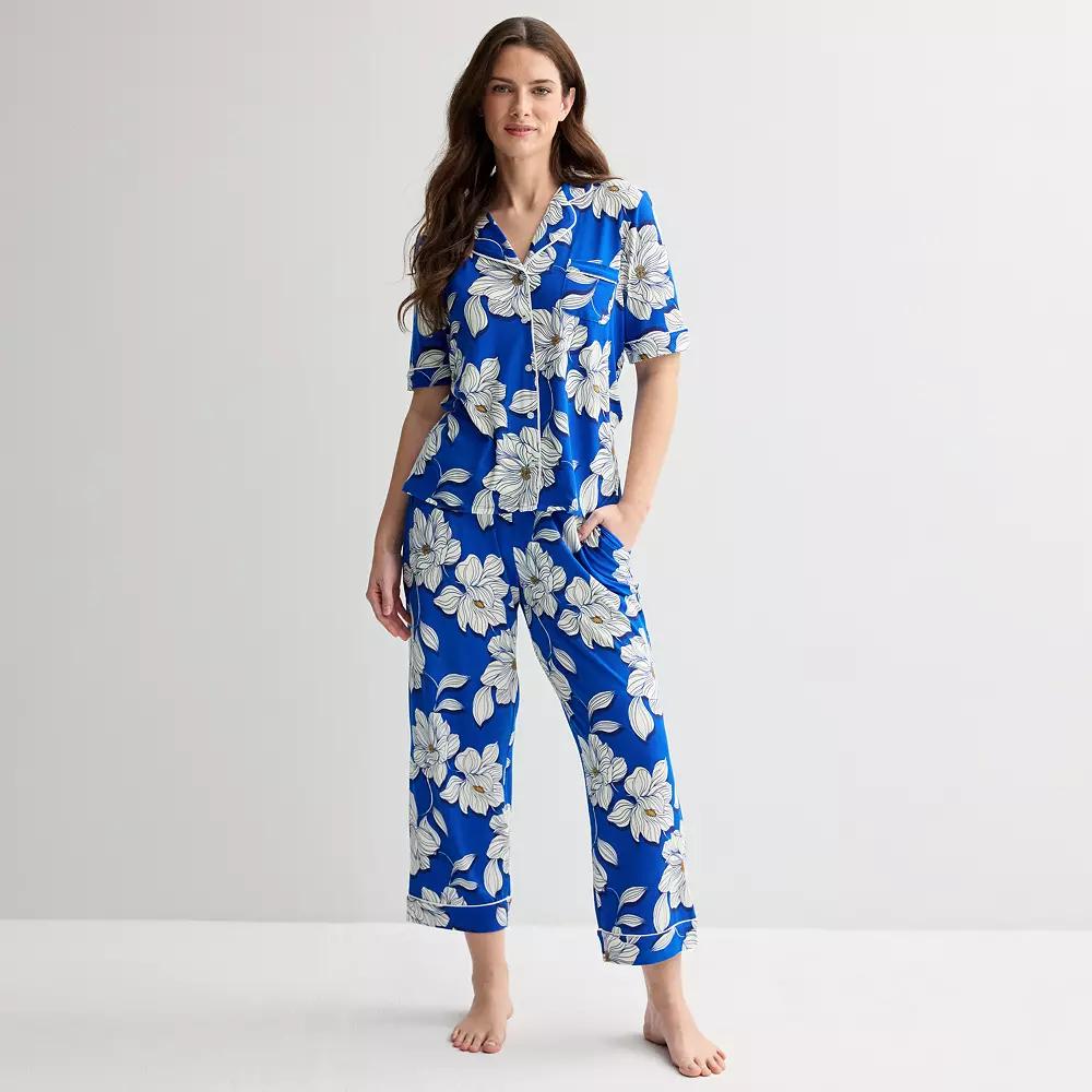 Women's Draper James 2-Piece Cozy Elbow Sleeve Notch Pajama Top and Pajama Pants Set, Size: Small, Blue Magnolia Shadows Product Image