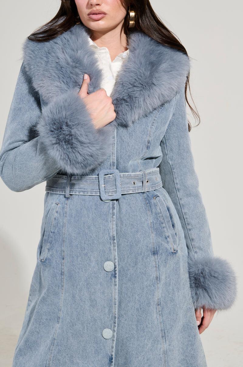 KAYA FUR TRIM TRENCH IN DENIM Product Image