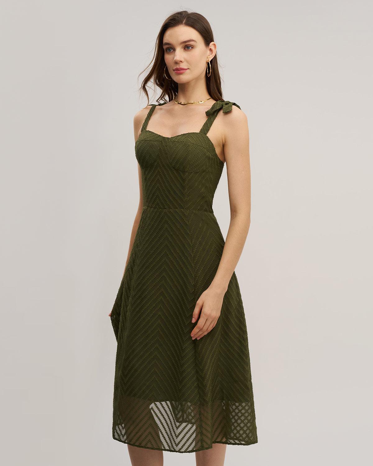 Green Sweetheart Neck Tie Strap Midi Dress Product Image