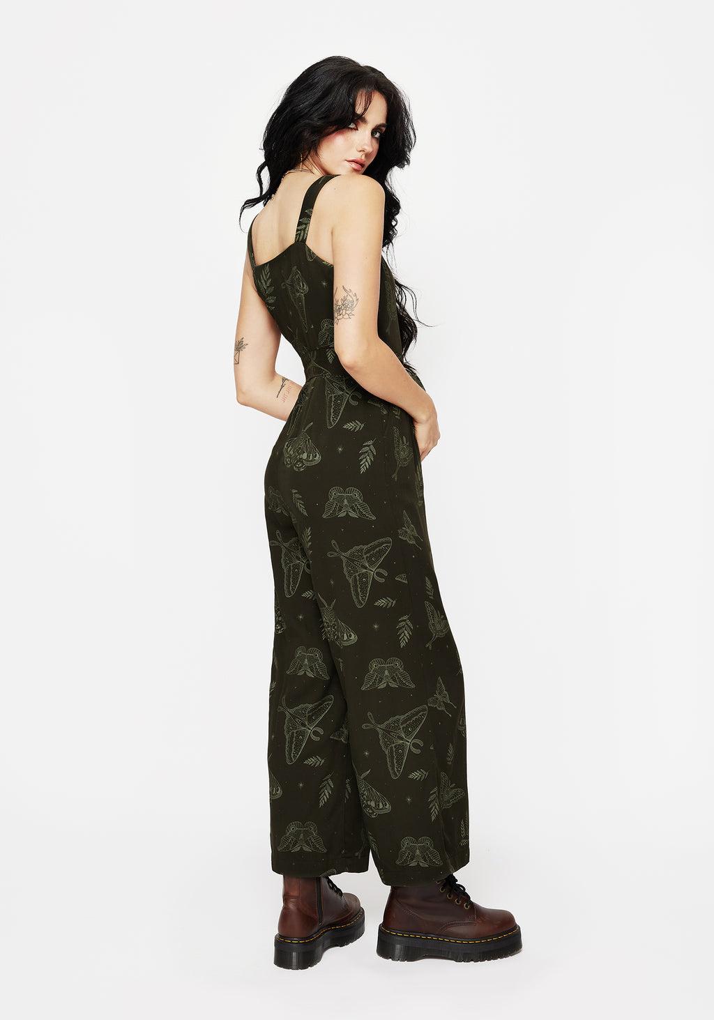 Callopistria Moth Print Wide Leg Jumpsuit - Green Product Image
