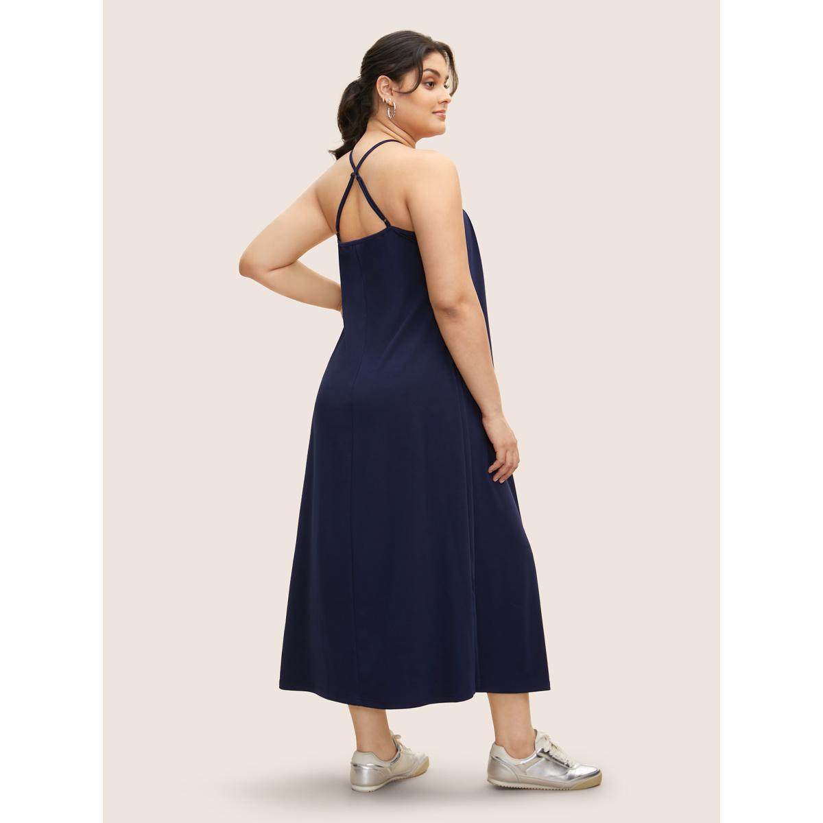 Plus Size Solid Cut Out Split Side Maxi Dress Navy Women Casual Cut-Out Asymmetrical Neck Sleeveless Curvy BloomChic 30/6X Product Image