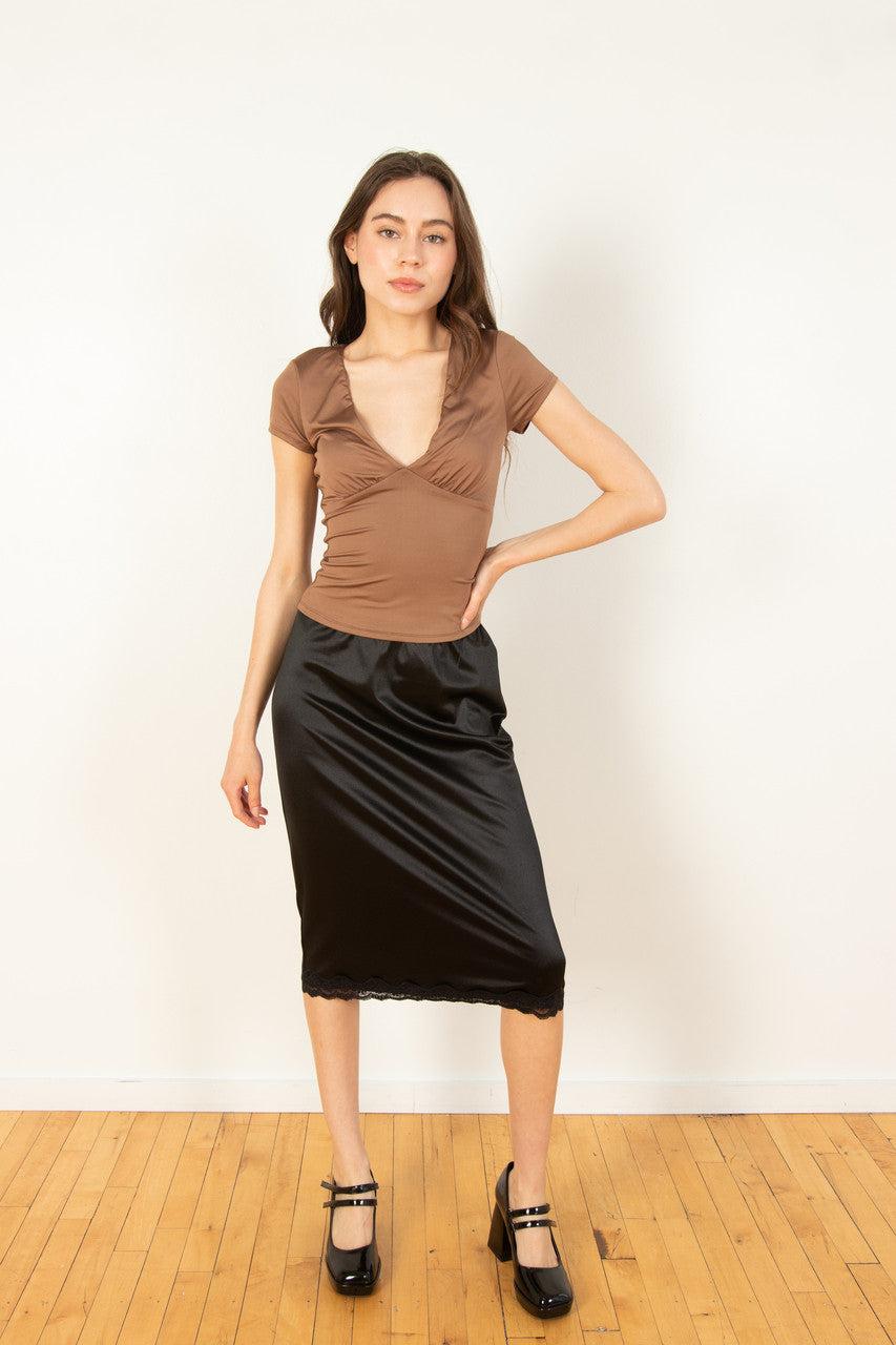 Brown Plunge V Neck Tee Product Image