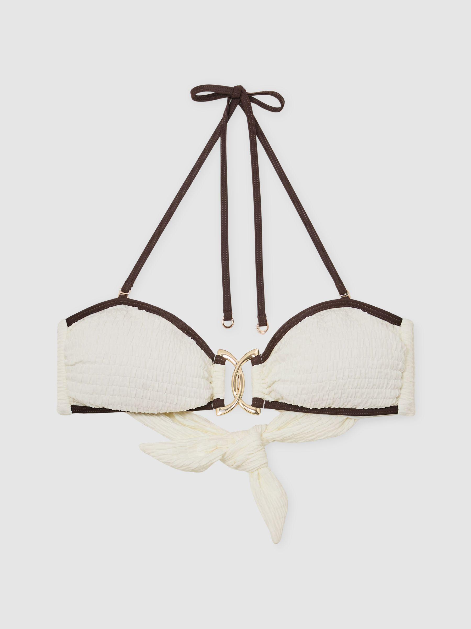 Tipped Bandeau Shirred Bikini Top in Ivory/Chocolate Product Image
