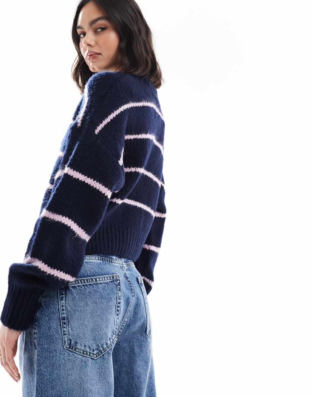 ASOS DESIGN crew neck loose knit cardigan in navy and lilac stripe Product Image