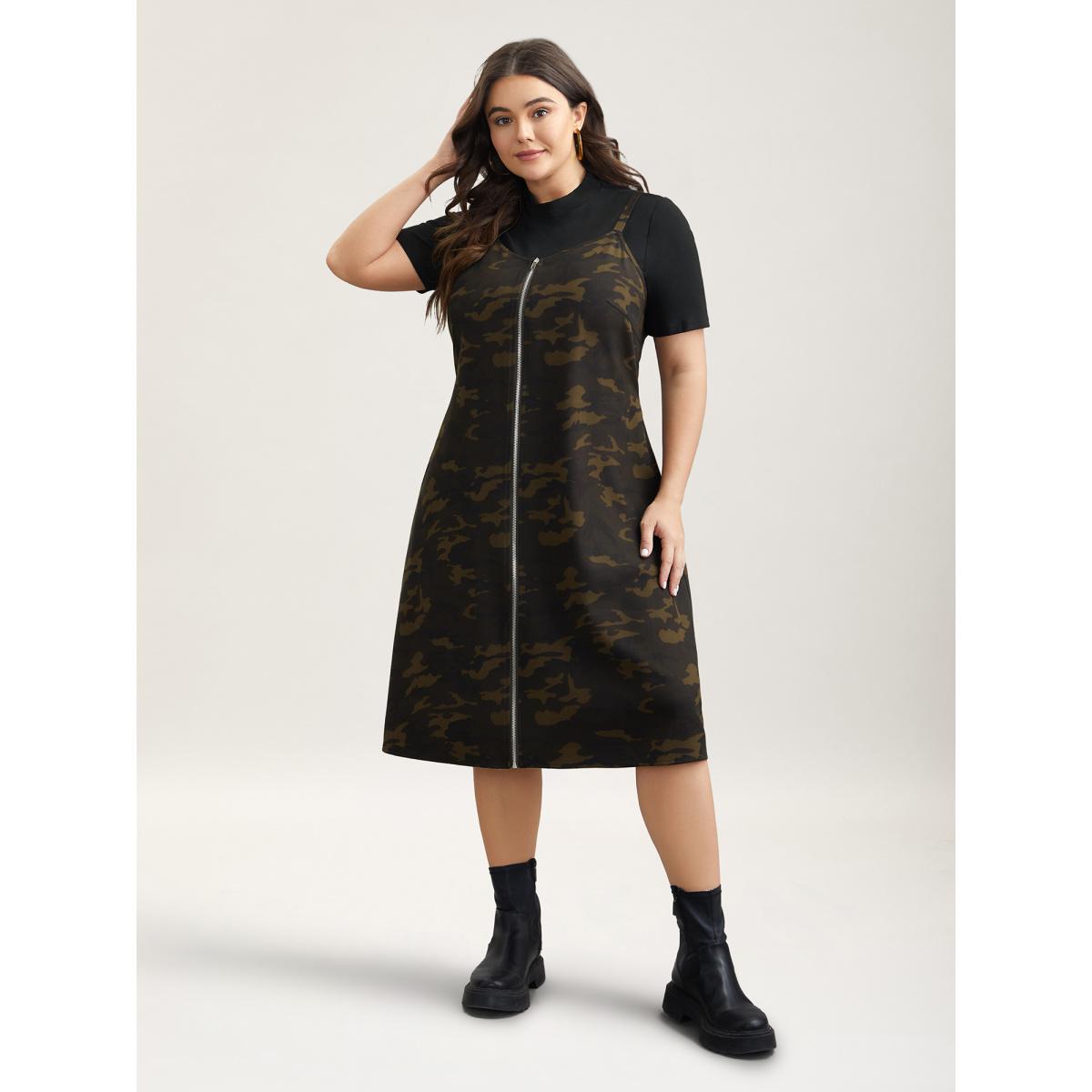 Plus Size Camouflage Print Zipper Front Adjustable Midi Dress ArmyGreen Women Casual Non Non Sleeveless Curvy BloomChic 28/5X Product Image