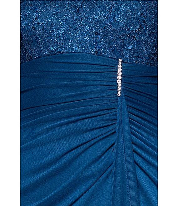 Betsy & Adam Lace Matte Jersey V Neck 3/4 Sleeve Draped Back Sheath Gown Product Image