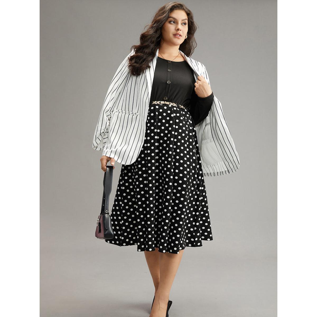 Plus Size Polka Dot Pocket Button Up Patchwork Dress Black Women Office Contrast Round Neck Long Sleeve Curvy Midi Dress BloomChic 12/L Product Image