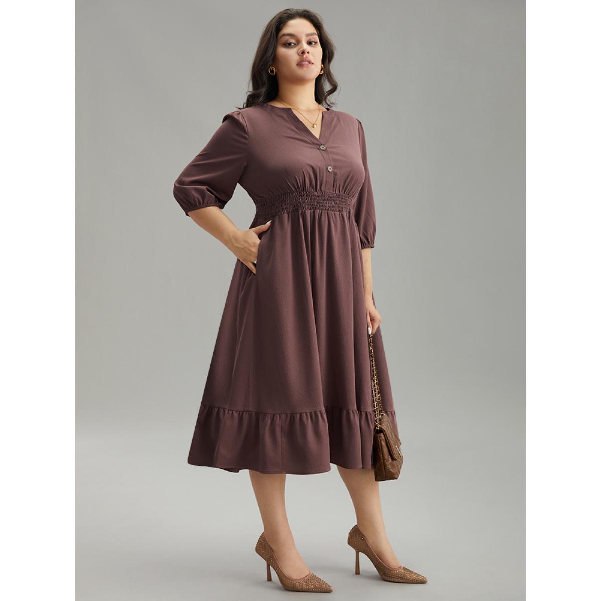 Plus Size Solid Notched Lantern Sleeve Shirred Dress Eggplant Women Office Elastic cuffs Notched collar Elbow-length sleeve Curvy Midi Dress BloomChic 10/M Product Image