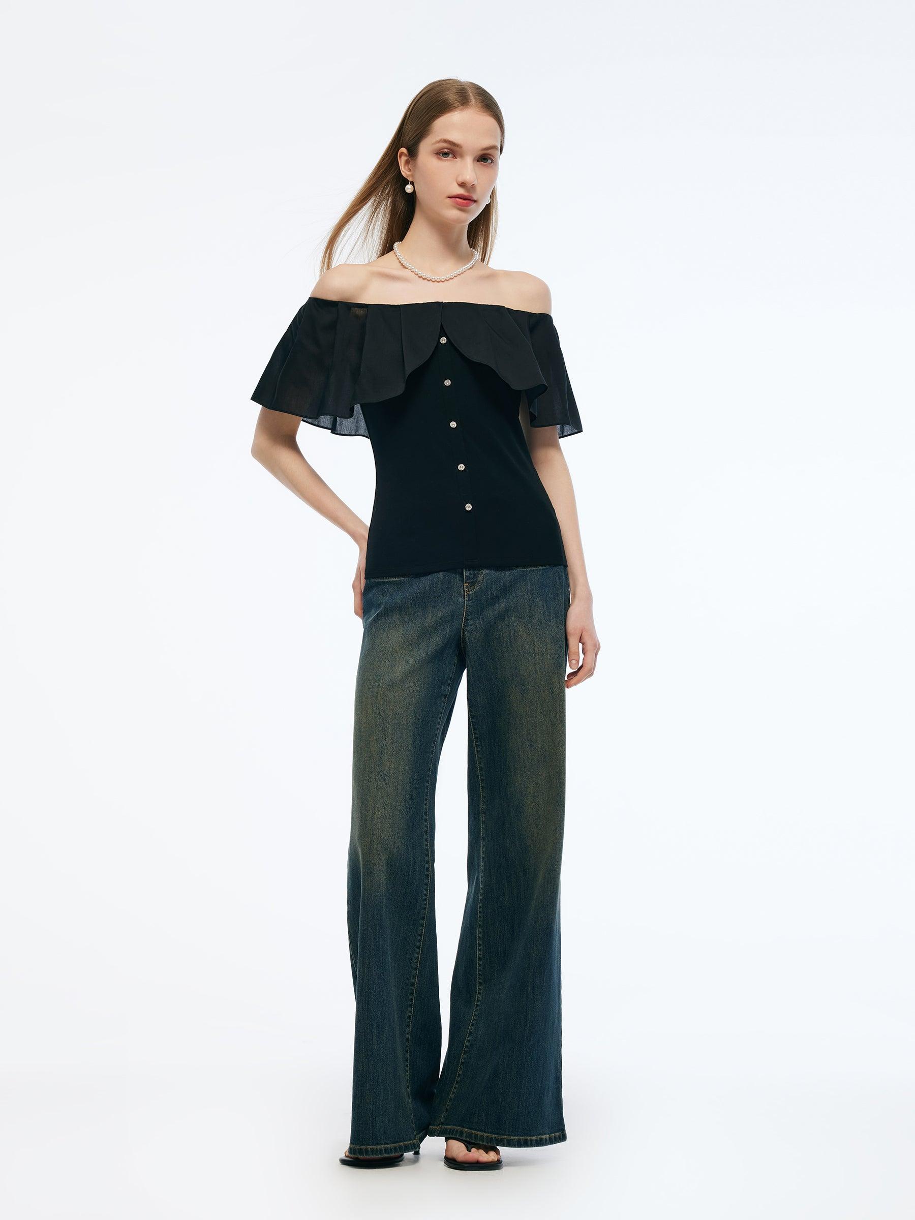 Tencel Blend Convertible Neckline Women Ruffled Top Product Image