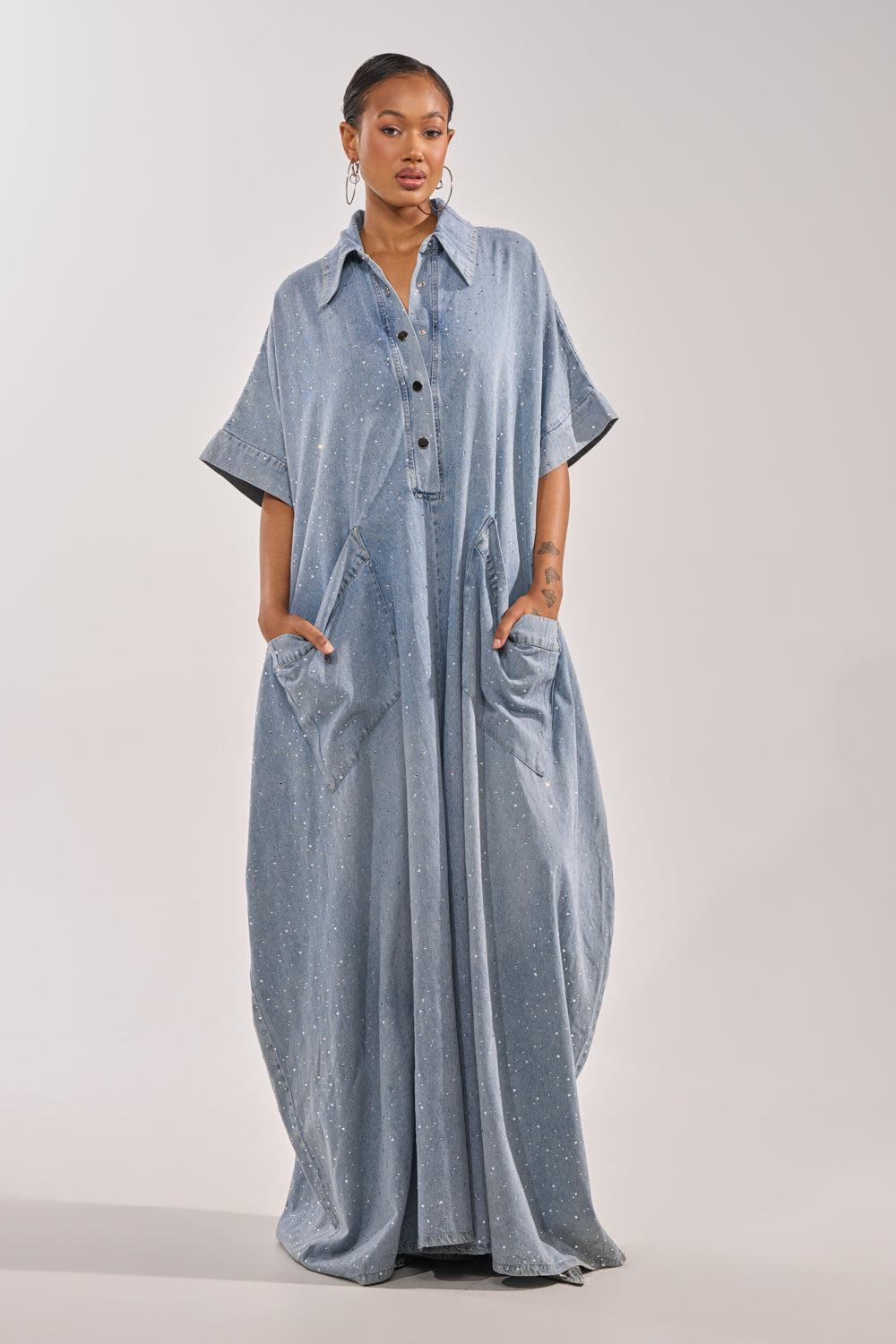 GINA DENIM RHINESTONE JUMPSUIT Product Image