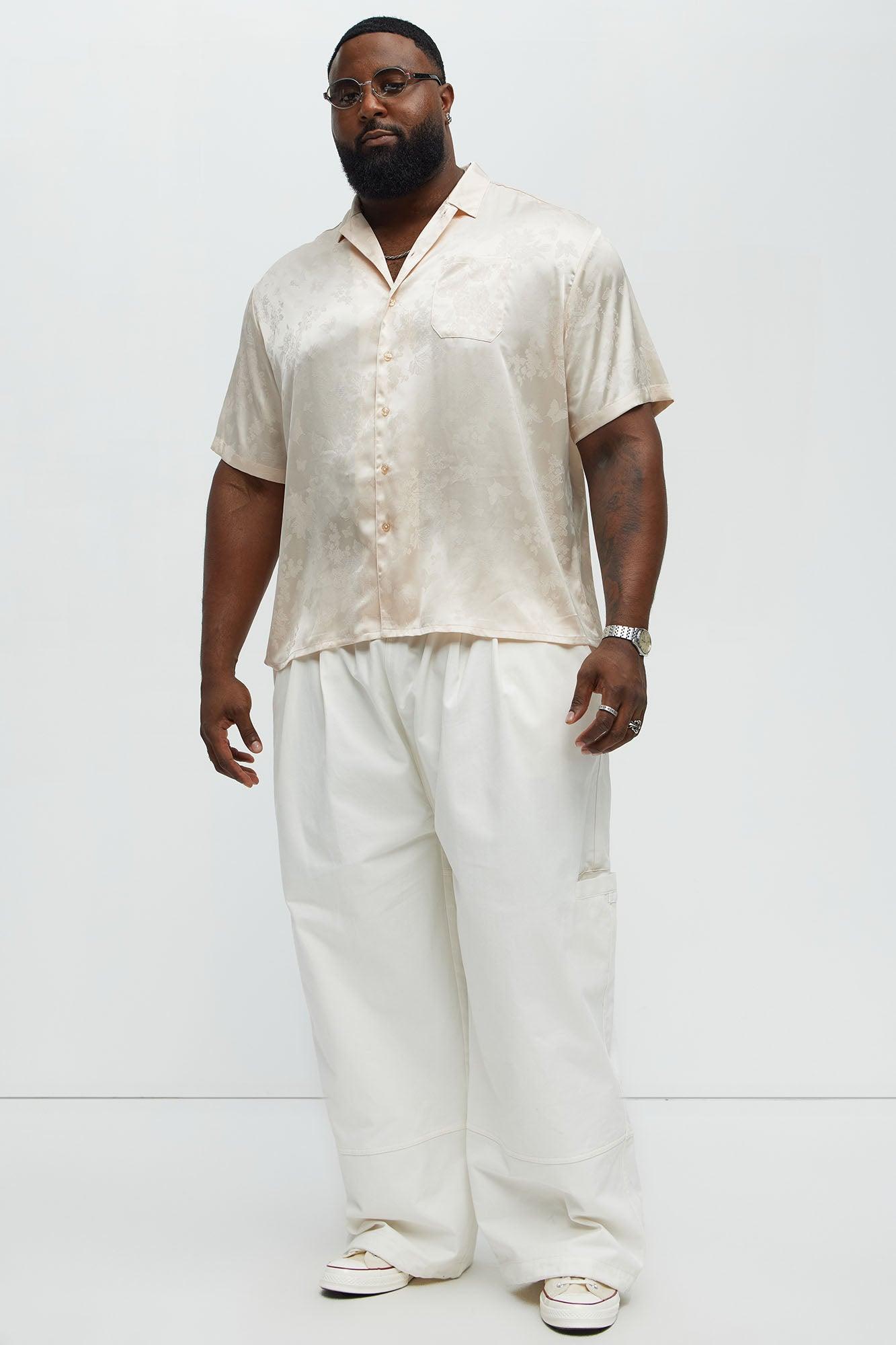 Satin Butterflies Short Sleeve Button Up Shirt - Ivory Male Product Image