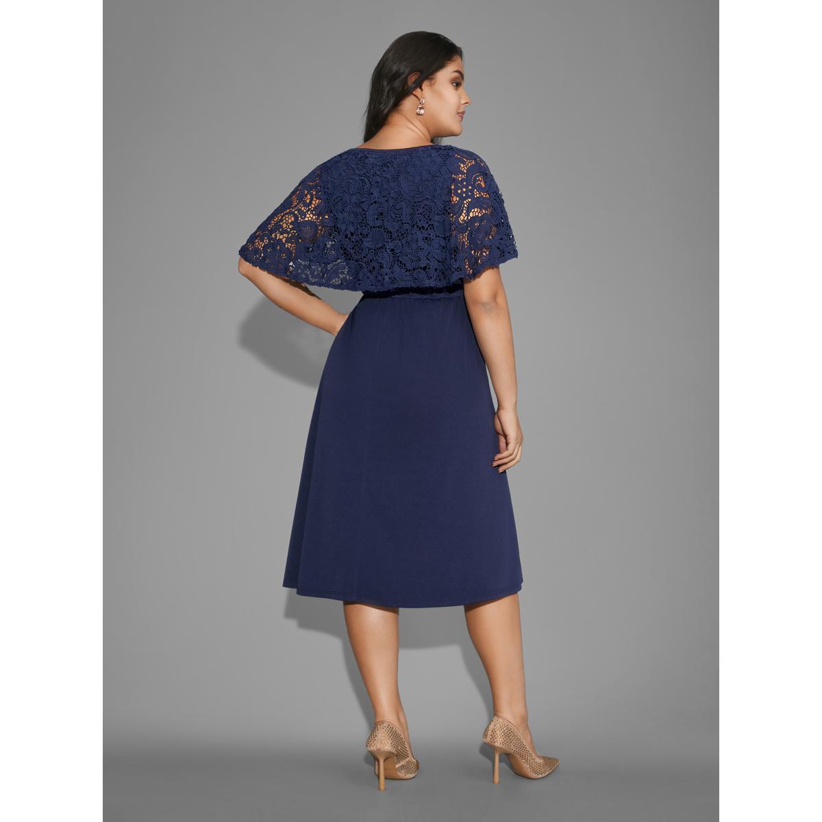 Plus Size Tiered Lace Panel Elastic Waist Dress Navy Women Cocktail Woven ribbon&lace trim Party Curvy Bloomchic 14-16/1X Product Image