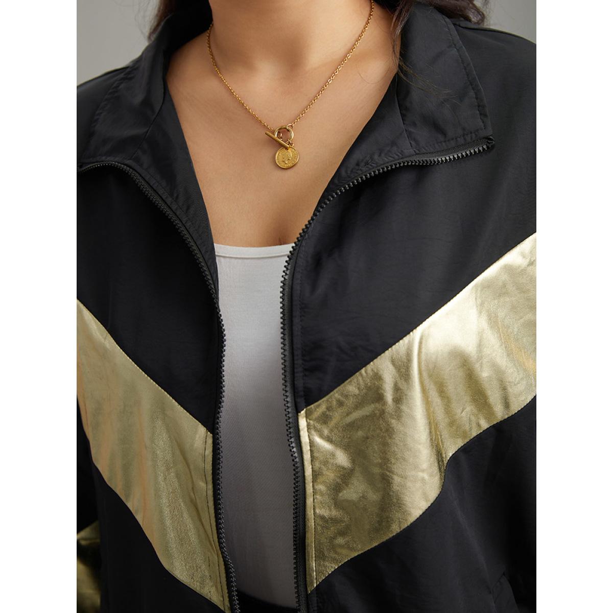 Plus Size Geometric Patchwork Contrast Zipper Jacket Women Black Elastic cuffs Pocket Dailywear Jackets BloomChic 18-20/2X Product Image