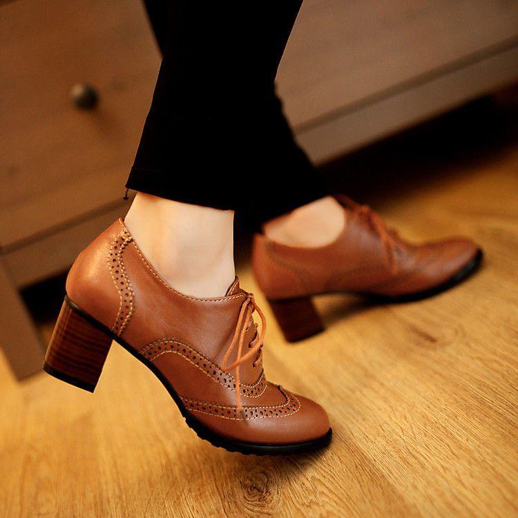 Chunky-Heel Wing-Tip Lace-Up Oxfords Product Image