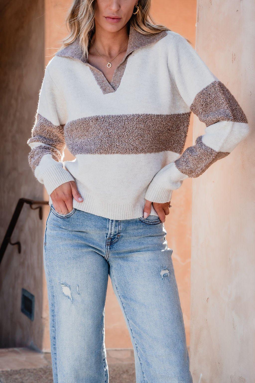 Fuzzy Mocha Striped V Neck Sweater - FINAL SALE Product Image