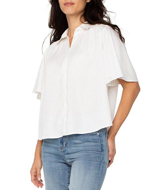 Liverpool Los Angeles Petite Size Garment Dyeable Tencel Point Collar Short Sleeve Button Front Blouse Product Image