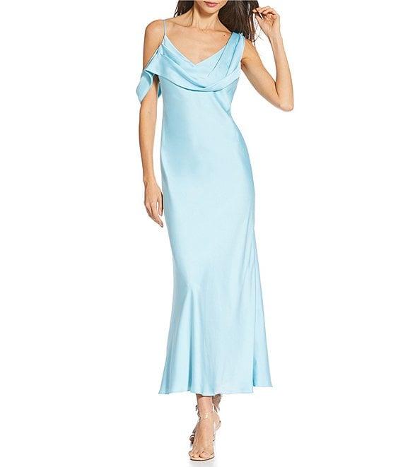 Gianni Bini Maeve Satin Asymmetrical Neck A-Line Dress Product Image