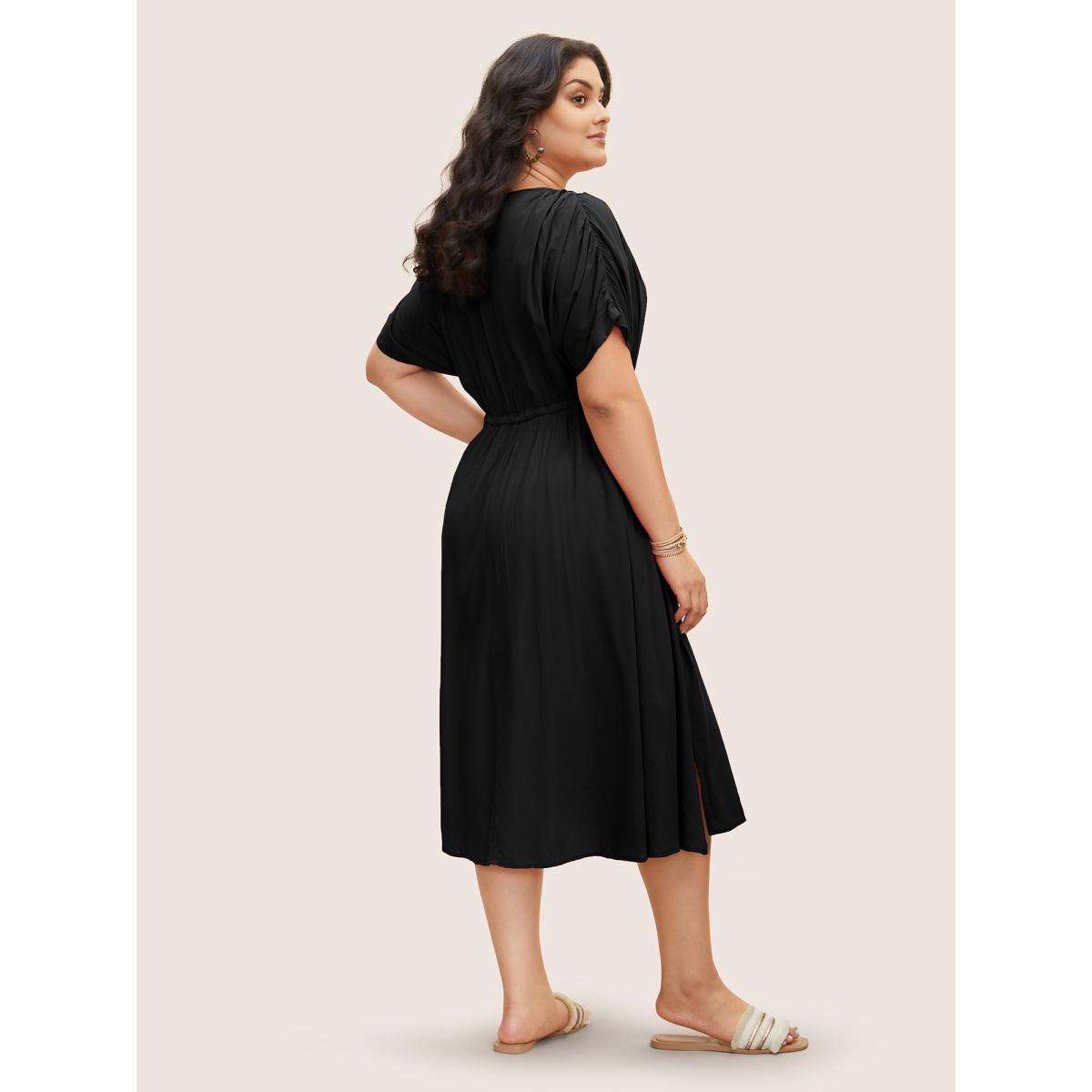 Plus Size Solid Drawstring Gathered Dolman Sleeve Dress Black Women Resort Gathered V-neck Half Sleeve Curvy BloomChic 22-24/3X Product Image