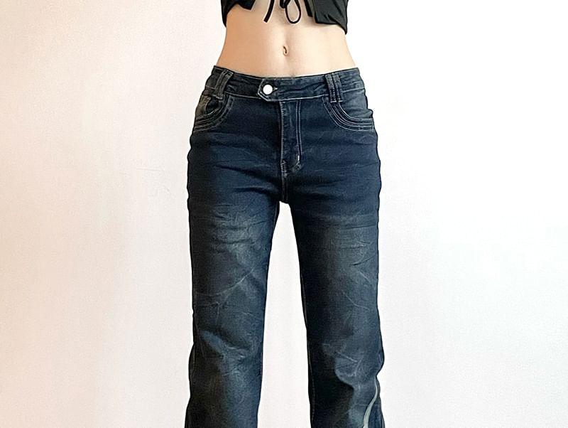 Low Waist Graphic Print Slim-Fit Boot-Cut Jeans Product Image