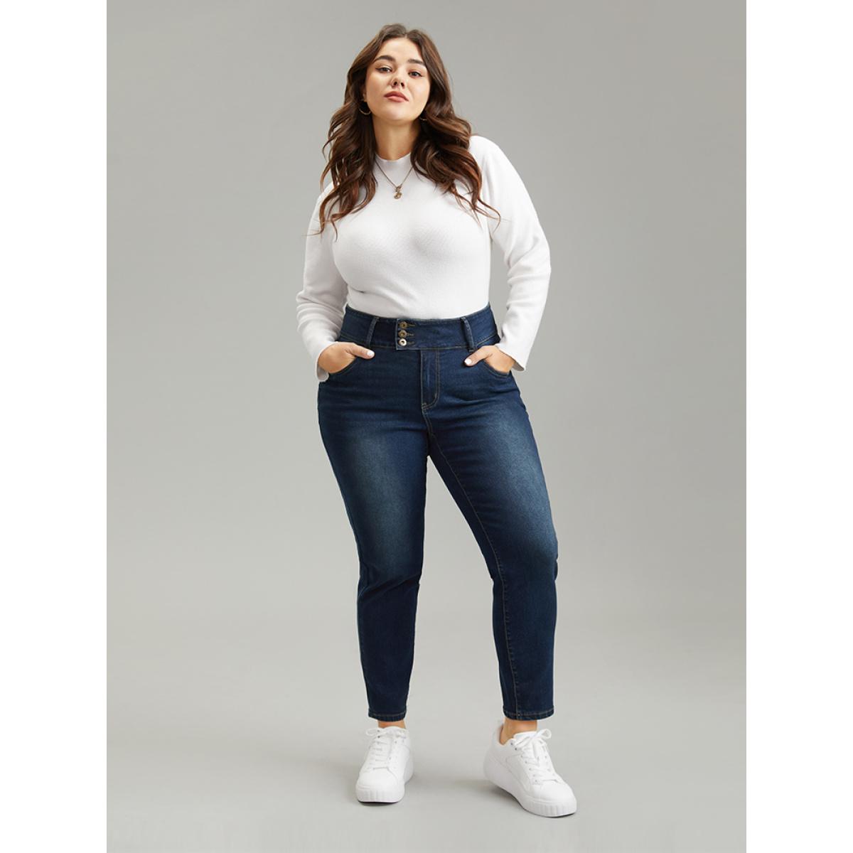 Plus Size Button Down Pocket High Rise Dark Wash Jeans Women Indigo Casual Plain Plain High stretch Pocket Jeans BloomChic 20/2X Product Image