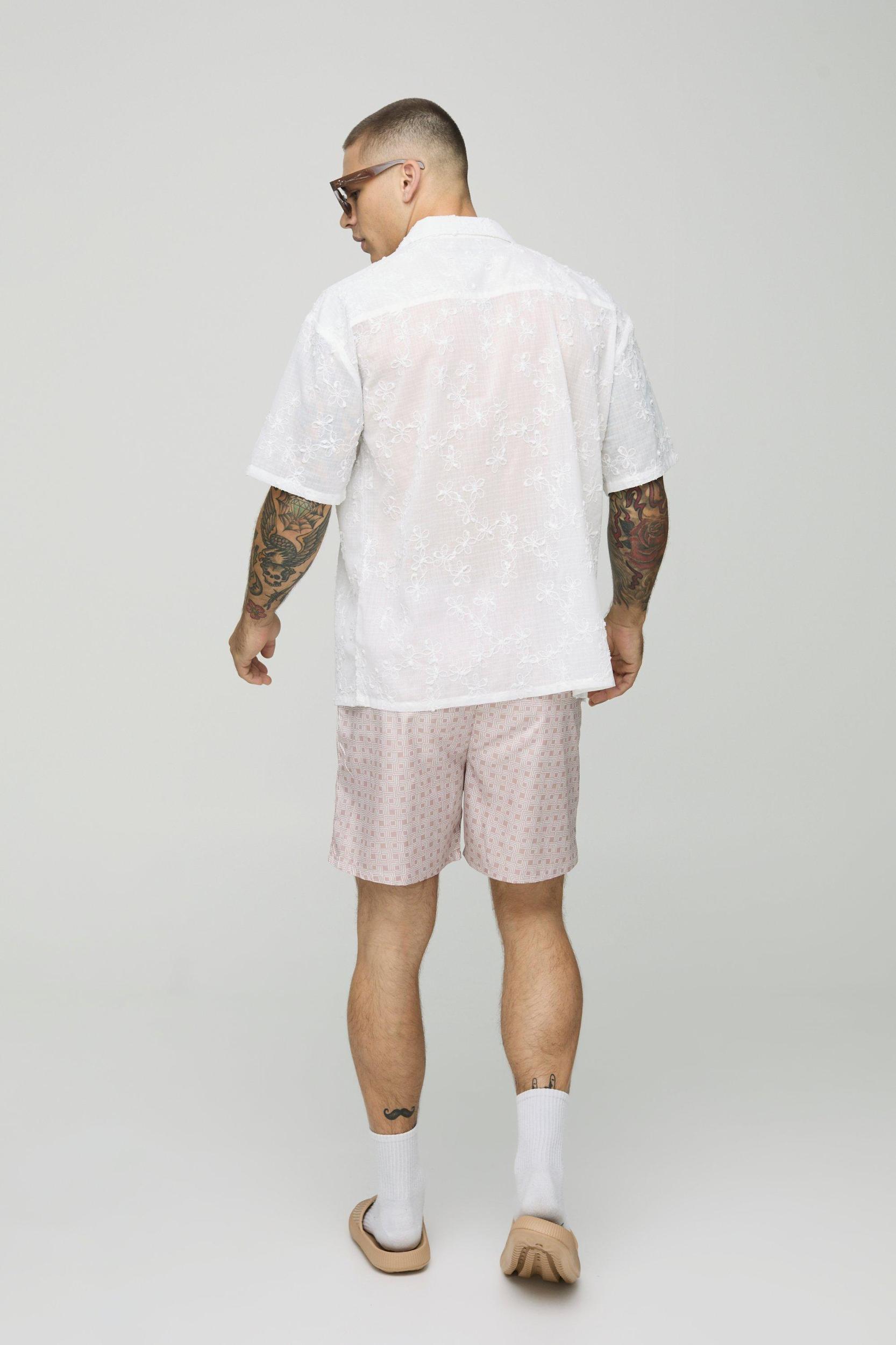 Mid Length Geo Print Swim Trunks | boohooMAN USA Product Image